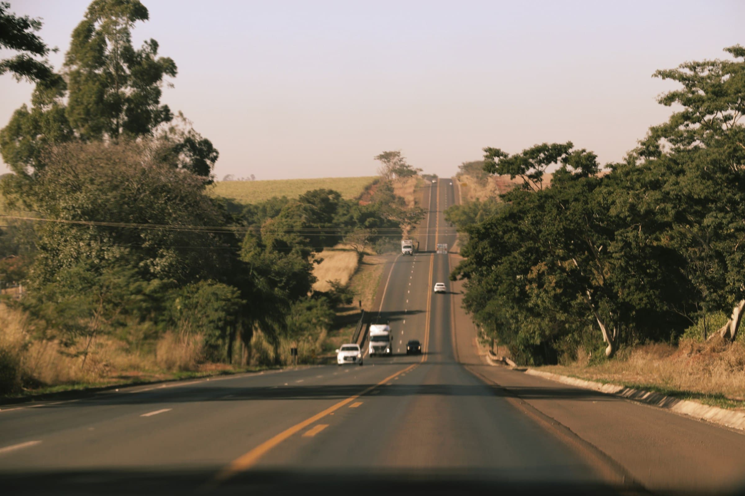 Estrada brasileira sumindo no horizonte entre vegetação seca